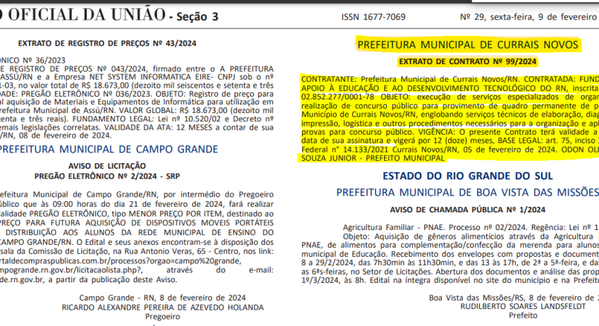 CONCURSO DE CURRAIS NOVOS: DOCUMENTO OFICIALIZA FUNCERN COMO BANCA ORGANIZADORA DO CERTAME